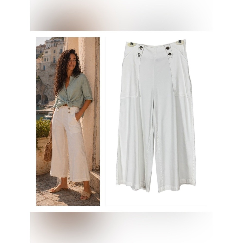 Womens Wide Leg Cropped Pants Small Euro Summer Coastal Beachy White Preppy